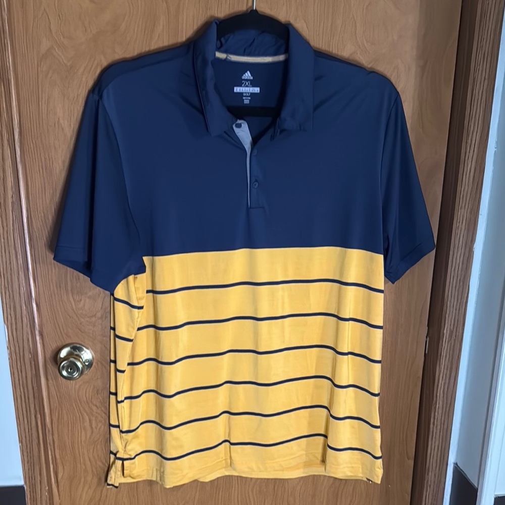 ADIDAS GOLF POLO SHIRT BLUE YELLOW STRIPED MENS XXL